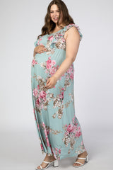 Light Olive Floral Ruffle Accent Maternity Plus Maxi Dress