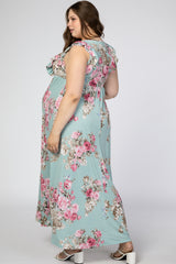 Light Olive Floral Ruffle Accent Maternity Plus Maxi Dress