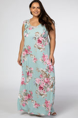 Light Olive Floral Ruffle Accent Plus Maxi Dress