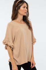 Mocha Linen Fringe Ruffle Trim Top