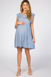 Blue Dotted Ruffle Sleeve Back Cutout Maternity Dress