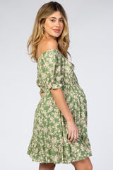 Green Floral Off Shoulder Maternity Mini Dress