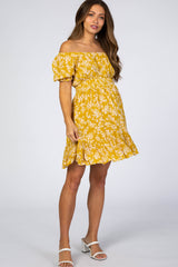 Mustard Floral Off Shoulder Maternity Mini Dress