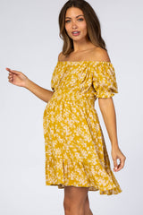 Mustard Floral Off Shoulder Maternity Mini Dress