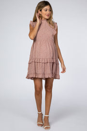 Mauve Animal Print Mock Neck Ruffle Maternity Dress