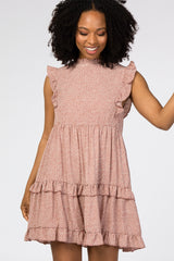 Mauve Animal Print Mock Neck Ruffle Dress