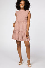 Mauve Animal Print Mock Neck Ruffle Dress