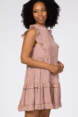 Mauve Animal Print Mock Neck Ruffle Dress