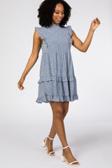 Light Blue Animal Print Mock Neck Ruffle Maternity Dress