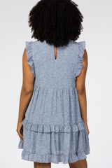 Light Blue Animal Print Mock Neck Ruffle Dress