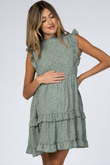 Green Animal Print Mock Neck Ruffle Maternity Dress