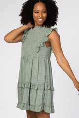 Green Animal Print Mock Neck Ruffle Dress