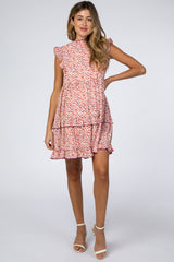 Peach Printed Mock Neck Ruffle Maternity Dress