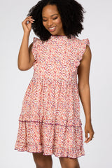 Peach Printed Mock Neck Ruffle Dress