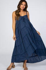 Navy Blue Ruffle Tier Hi-Low Maternity Dress