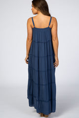 Navy Blue Ruffle Tier Hi-Low Maternity Dress