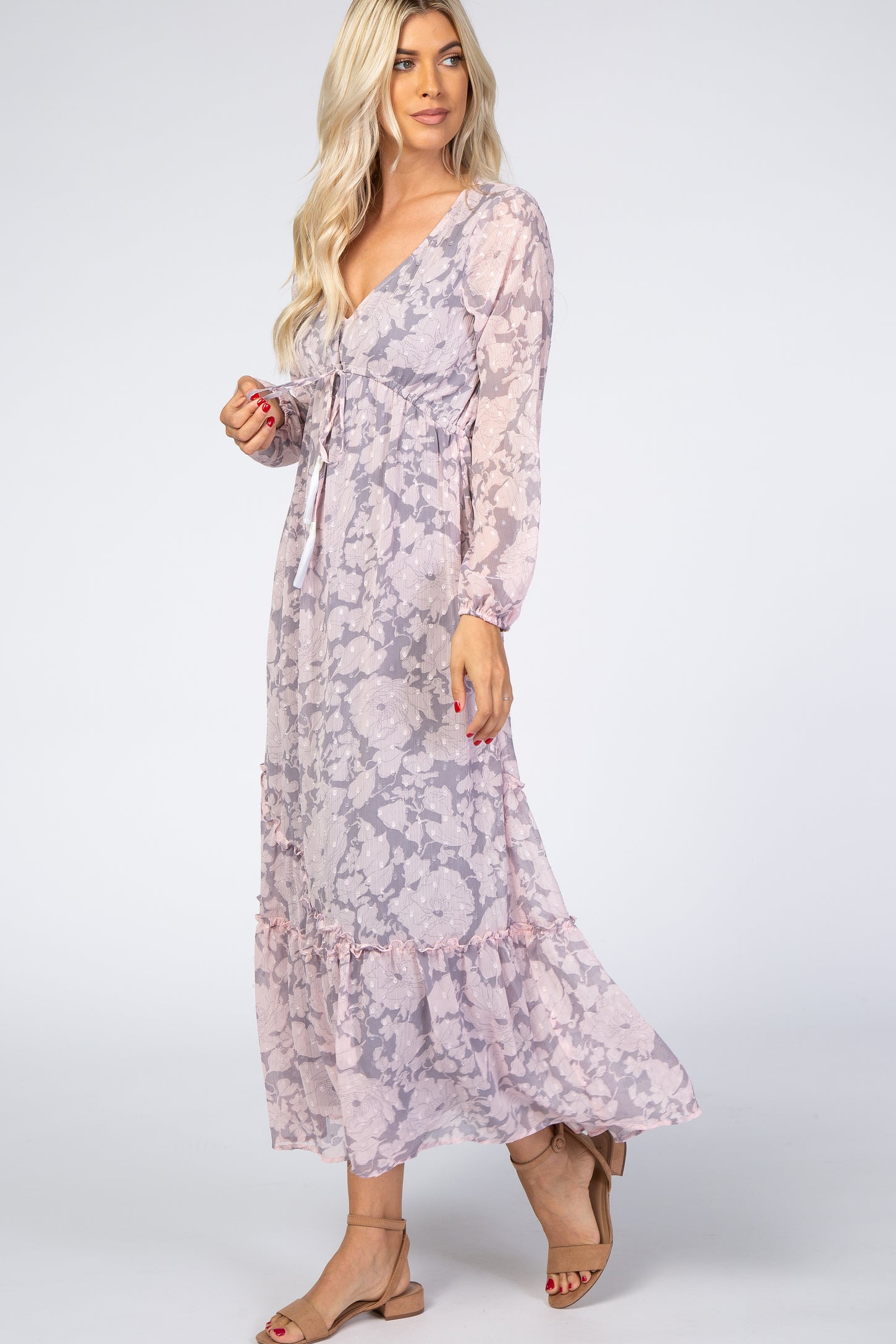 Grey Floral Chiffon Swiss Dot Maxi Dress– PinkBlush