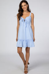 Light Blue Checkered Sweetheart Neck Front Tie Dress