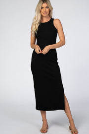 Black Ribbed Fitted Midi Dress