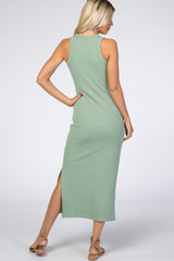 Light Olive Ribbed Fitted Midi Dress