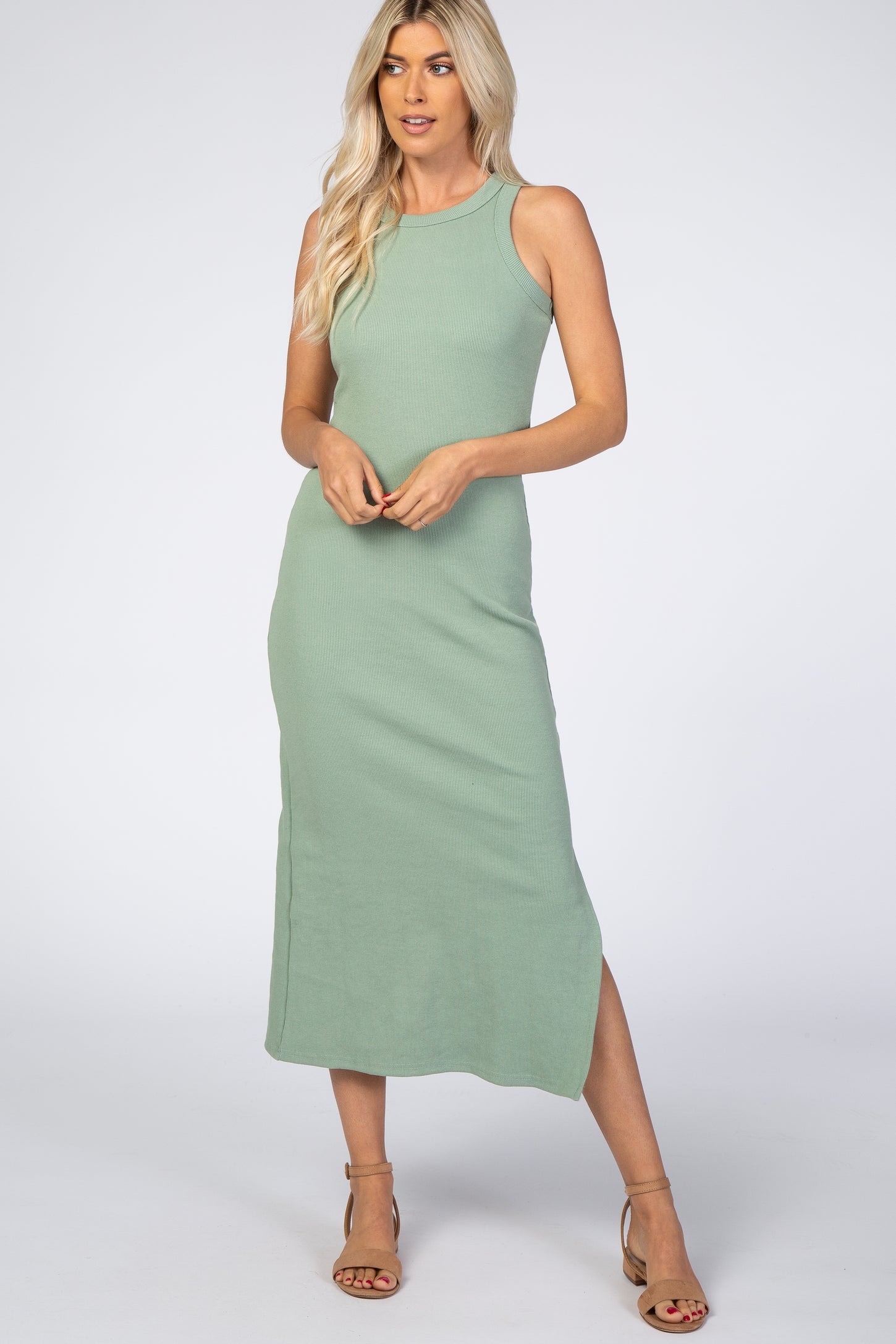 Light Olive Ribbed Fitted Maternity Midi Dress– PinkBlush