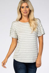 Heather Grey Ivory Striped Ruffle Short Sleeve Top