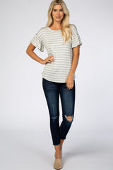 Heather Grey Ivory Striped Ruffle Short Sleeve Top