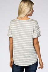 Heather Grey Ivory Striped Ruffle Short Sleeve Top