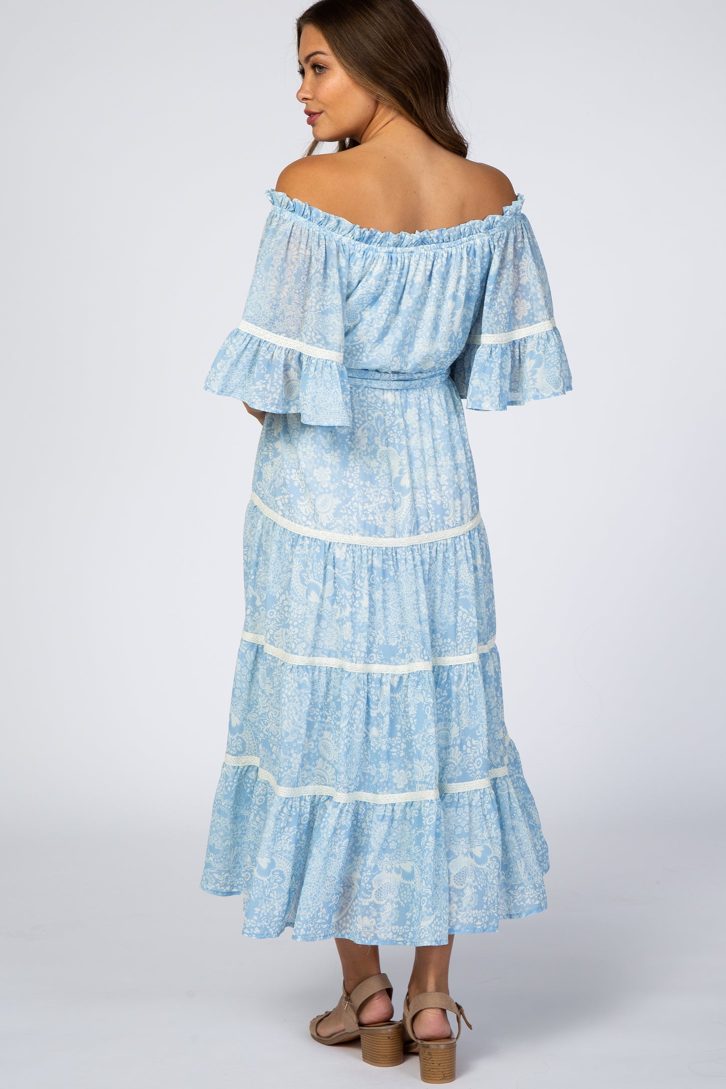 Light Blue Printed Off Shoulder Maternity Maxi Dress– PinkBlush
