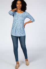 Blue Floral Pleat Front Top