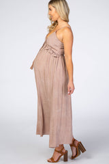 Light Mocha Dot Print V-Neck Maternity Midi Dress