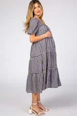 Navy Checkered Square Neck Maternity Midi Dress