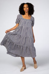 Navy Checkered Square Neck Maternity Midi Dress