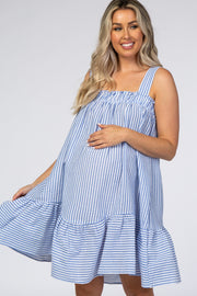 Blue Striped Seersucker Maternity Shift Dress