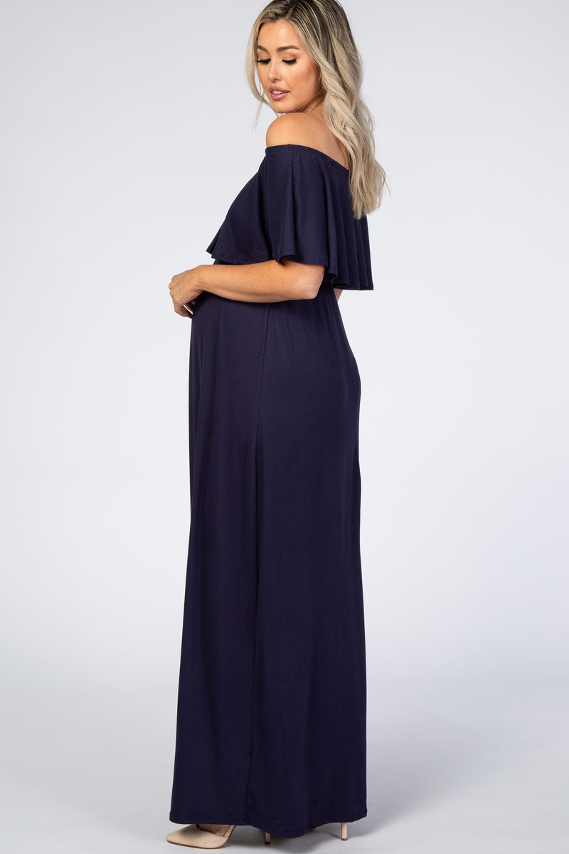 Navy Off Shoulder Maxi Maternity Dress – PinkBlush