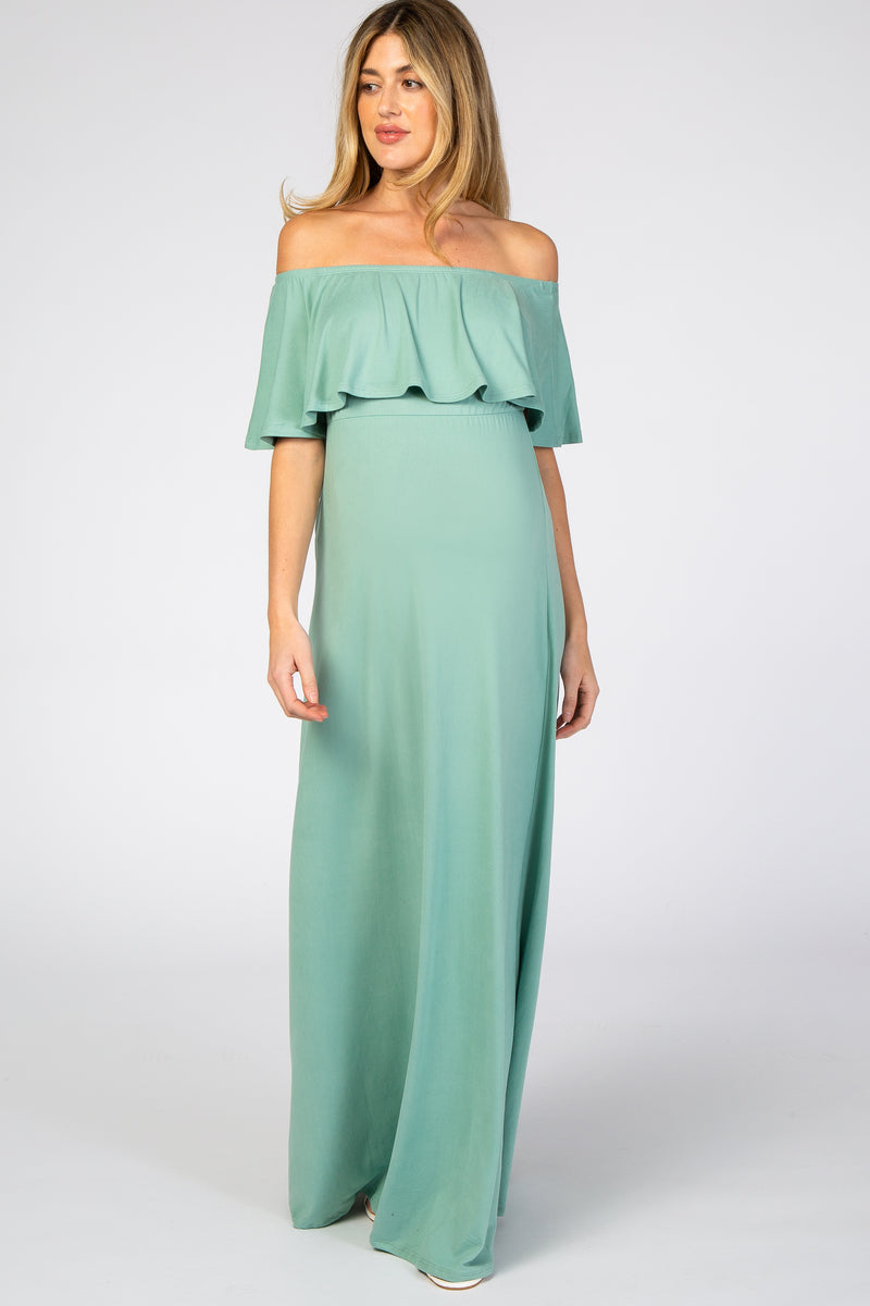 Light Olive Off Shoulder Maxi Maternity Dress– PinkBlush