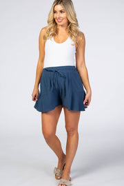 Blue Raw Hem Linen Maternity Shorts