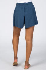 Blue Raw Hem Linen Shorts