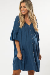 Navy Blue Button Down Ruffle Sleeve Maternity Dress