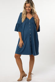 Navy Blue Button Down Ruffle Sleeve Maternity Dress