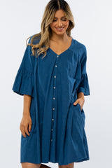 Navy Blue Button Down Ruffle Sleeve Dress