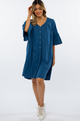 Navy Blue Button Down Ruffle Sleeve Maternity Dress