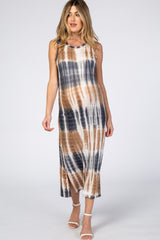 Mocha Navy Tie Dye Maternity Midi Dress