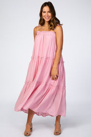 Pink Tie Strap Ruffle Maxi Dress