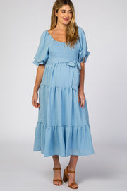 Light Blue Smocked Tiered Maternity Dress