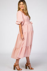 Pink Smocked Tiered Maternity Dress