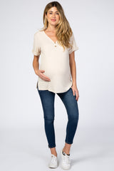 Beige Ribbed Cuff Sleeve Maternity Top