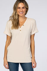 Beige Ribbed Cuff Sleeve Maternity Top