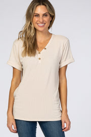 Beige Ribbed Cuff Sleeve Top