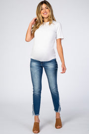 Navy Blue Slit Fringe Hem Maternity Skinny Jeans